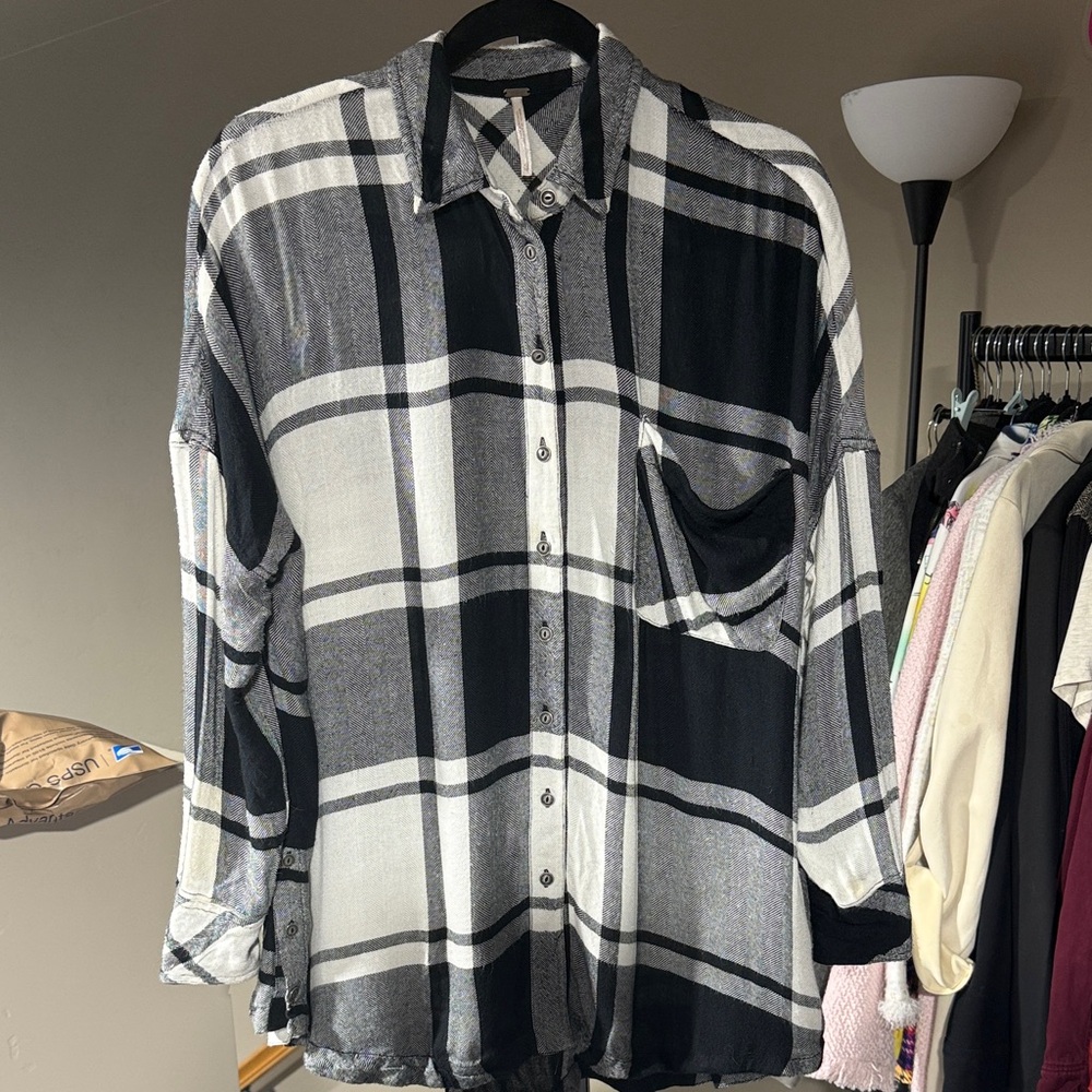 Free People Black and White Plaid Blouse XS